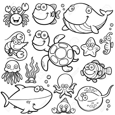 Vector Illustration Of Sea Animals Collection Coloring Book Stock