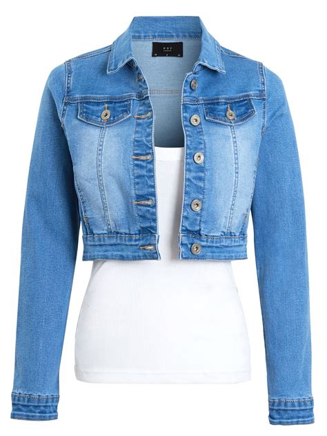 Womens Size 14 12 10 8 6 Stretch Fitted Denim Jacket Jean Crop Jackets Indigo Ebay