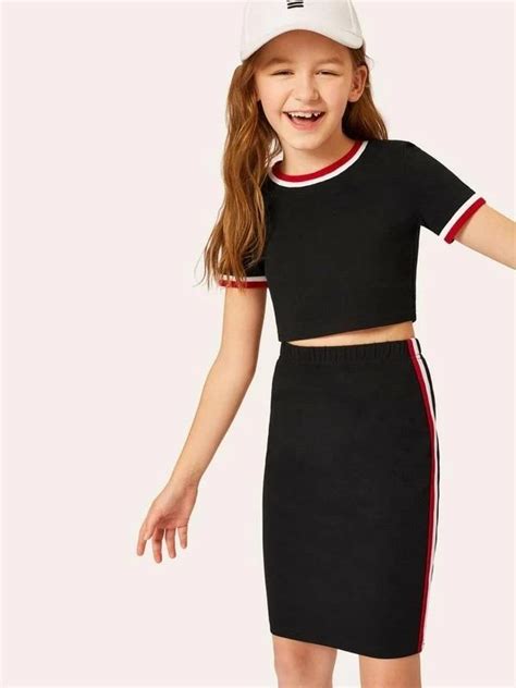 Girls Striped Neck And Cuff Top And Bodycon Skirt Set Girls Fashion
