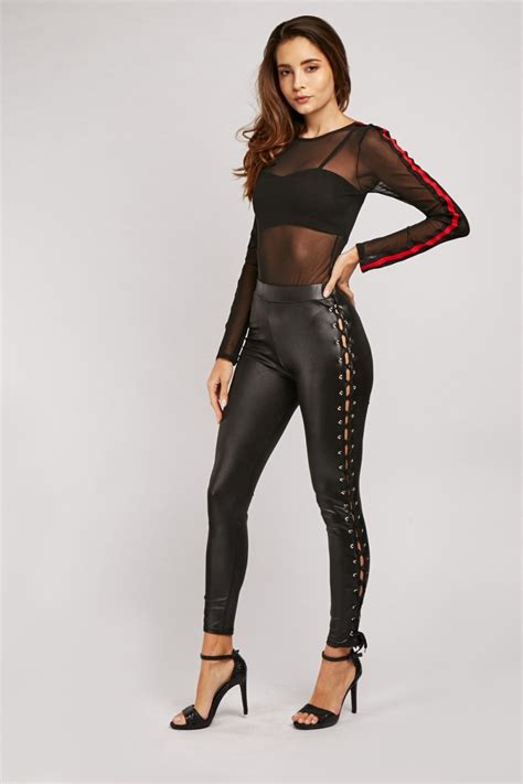 Lace Up Side Shiny Black Leggings Just 6