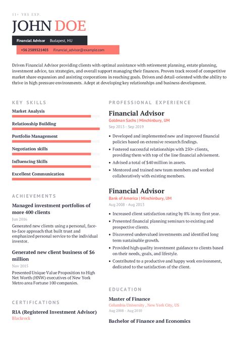 Financial Advisor Resume Example With Content Sample Craftmycv
