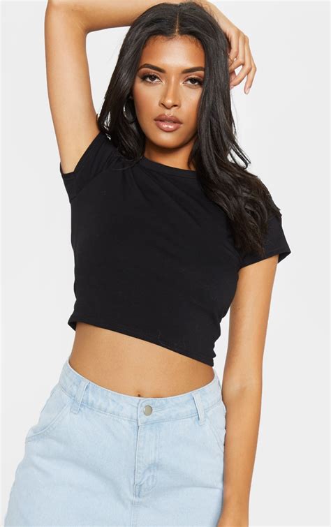 Black Cotton Short Sleeve Crop Top Tops Prettylittlething Ie