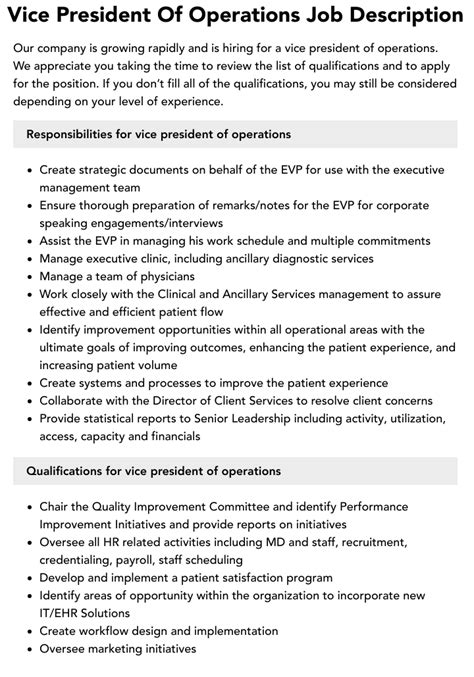 Vice President Of Operations Job Description Velvet Jobs