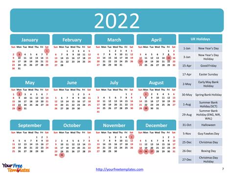 2022 Calendar With Bank Holidays Printable