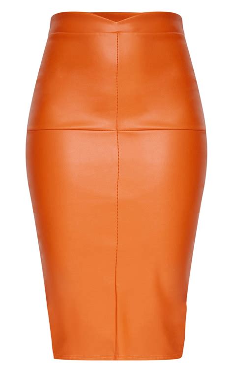 Orange Faux Leather Panel Midi Skirt Prettylittlething Usa