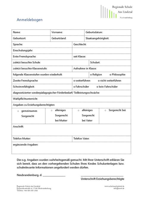 Anmeldung Schulbesuch Regionale Schule Am Lindetal Neubrandenburg