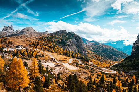 Picture Italy Falzarego Pass Dolomites Autumn Nature Mountain Roads