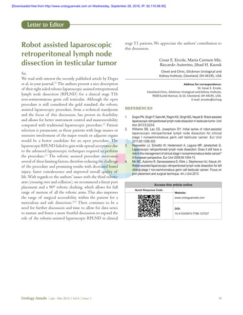 PDF Robot Assisted Laparoscopic Retroperitoneal Lymph Node Dissection