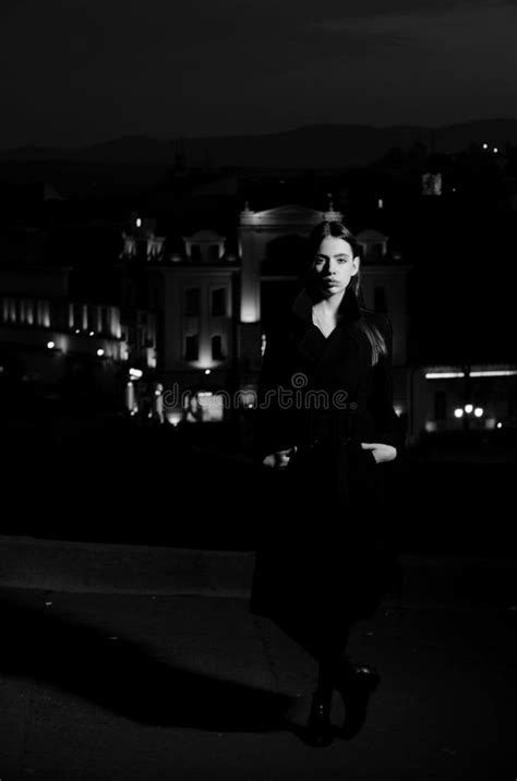 Girl In Light Of Street Lamps Woman At Night City Stock Image Image