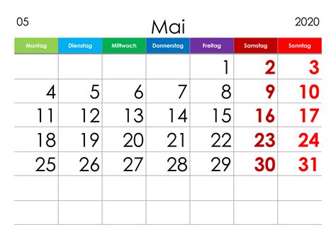 Kalender Mai 2020 Grosse Ziffern Im Querformat Kalendersu