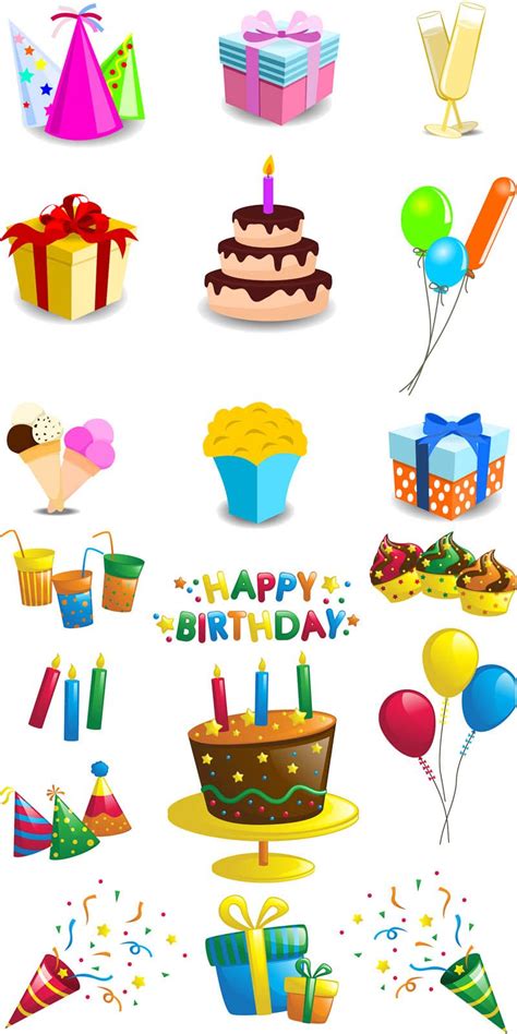 Set Of 19 Vector Cartoon Happy Birthday Decorations
