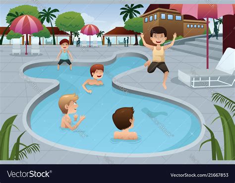 Kids Playing In An Outdoor Swimming Pool Vector Image