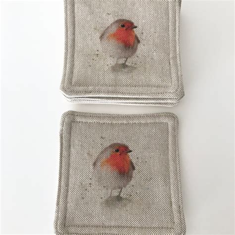 Set Of Four Robin Coasters Made From Hessian Type Canvas And Etsy