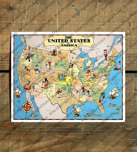 1930s United States Us Vintage Whimsical Map Instant Etsy Uk