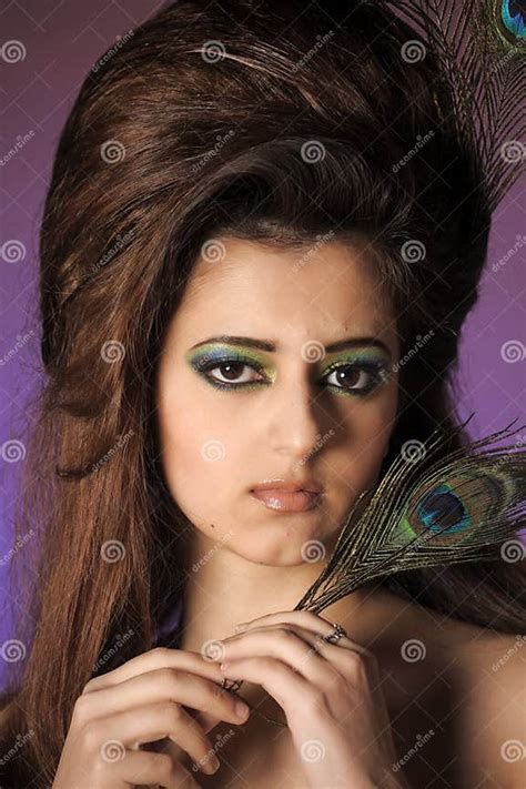Beautiful Girl With Feather Of A Peacock Stock Image Image Of Girl