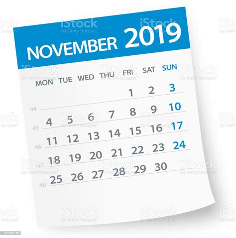 Ilustración De Hoja De Calendario De Noviembre De 2019 Ilustración