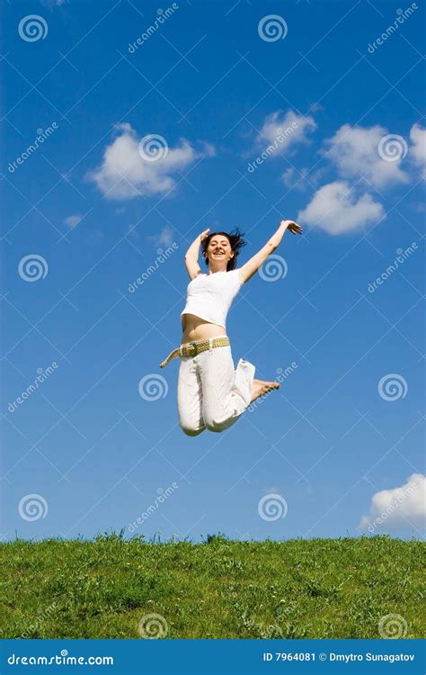 Happy Woman Is Jumping Stock Image Image Of Grass Females 7964081