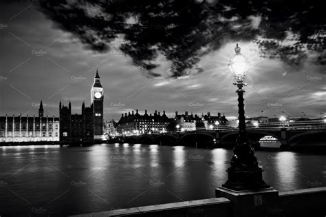 London At Night In Black And White Architecture Photos Creative Market