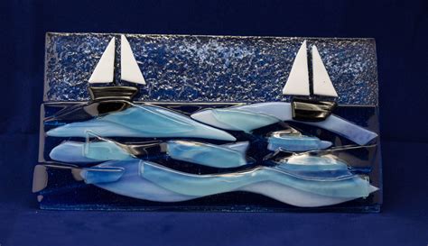 Boats Sailingsea Waves Ocean 3d Fused Glass Panel Seaside Nautical