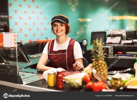 Young Beautiful Cashier Uniform Happily Looking Camera Working Modern