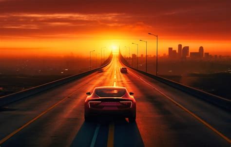 Premium Photo A Car Drives The Highway At Sunset With Cityscape