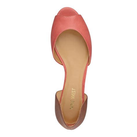 Nine West Leather Byteme Peep Toe Flats In Coralcognac Leather Pink