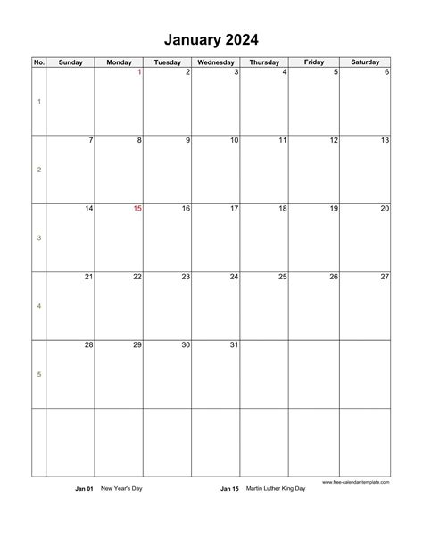 2024 January Calendar Blank Vertical Template Free Calendar