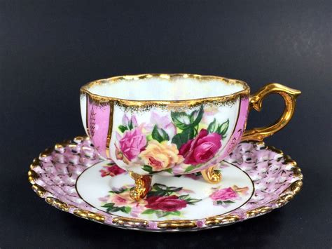 Demitasse 3 Footed Tea Cup Japanese Pearlized Teacup And Reticulated Saucer J 1663 Footed Tea