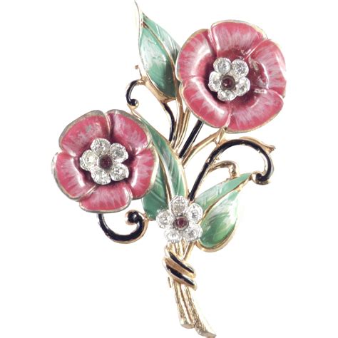 Enamel Rhinestone Pot Metal Flower Brooch Pin From