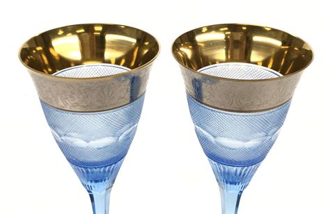 Lot 2pc Moser Splendid Aquamarine Gold Trimmed Water Goblets