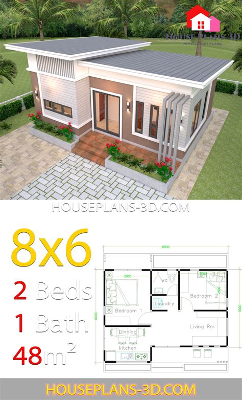 House Plans 8x6 With 2 Bedrooms Slope Roof House Plans 3d One