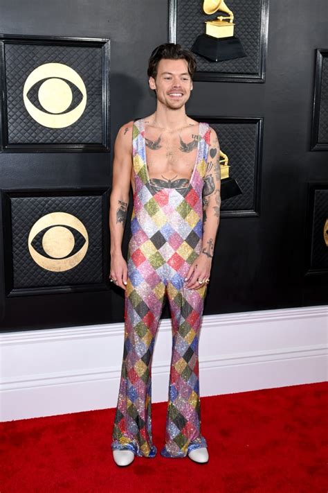 Harry Styles Wearing A Rainbow Crystal Jumpsuit At The Grammys