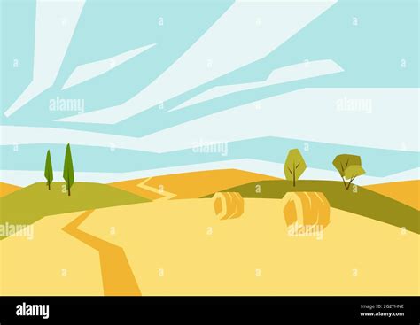 Illustration Of Harvested Agricultural Field Autumn Landscape With