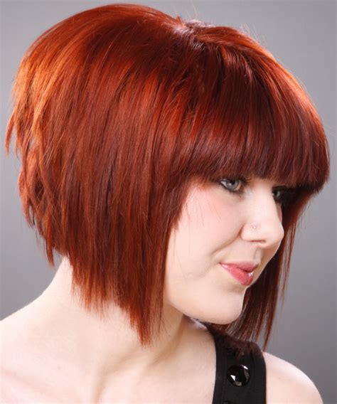 Medium Straight Layered Ginger Red Bob Haircut With Blunt Cut Bangs