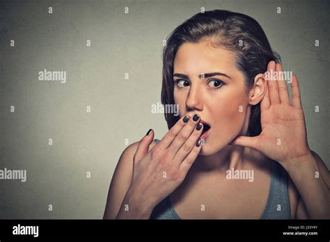 Closeup Portrait Surprised Young Nosy Woman Hand To Ear Gesture