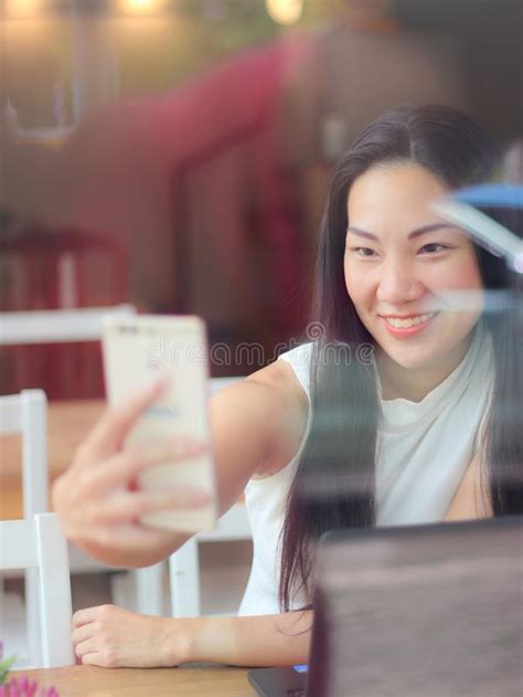 Asian Woman Selfie Herself In Coffee Shop Stock Image Image Of Profile Female 156987871