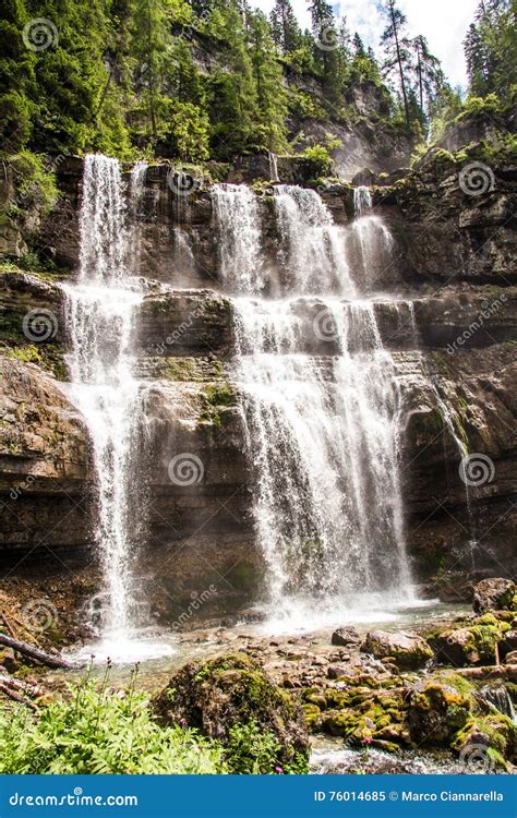 The Vallesinella Waterfall In The Dolomites Of Trentino Italy Stock