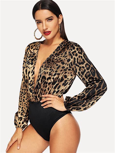 Deep V Neck Leopard Print Bodysuit Bodysuits Tops Women Fashion Print Bodysuit Bodysuit