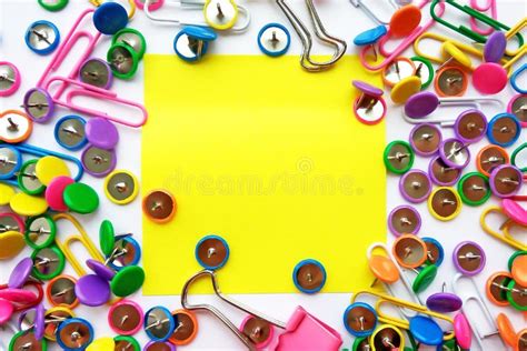 School And Office Supplies Paper Clips Pins Notes Stickers On White