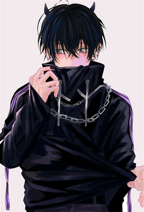 An Anime Character With Black Hair And Horns On His Head Wearing A Hoodie