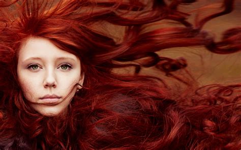 X X Women Model Redhead Face Portrait Long Hair Green Eyes Hair In Face Windy