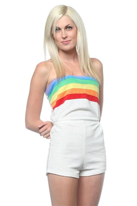 Vintage 70s Romper Playsuit Onesie Rainbow Stripe Strapless Tube Top Terrycloth Roller Girl