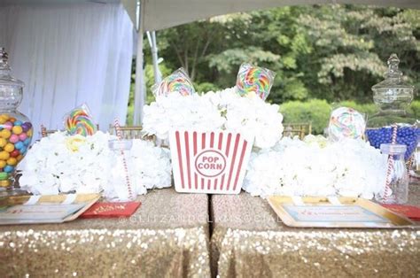 Hydrangea Popcorn Arrangements With Sequin Table Cloths And Candy