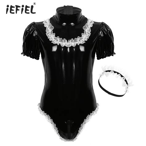 men sissy naughty lingerie maid dresses costumes shiny leather cosplay role play outfits lace