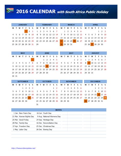 2016 South Africa Public Holidays Calendar