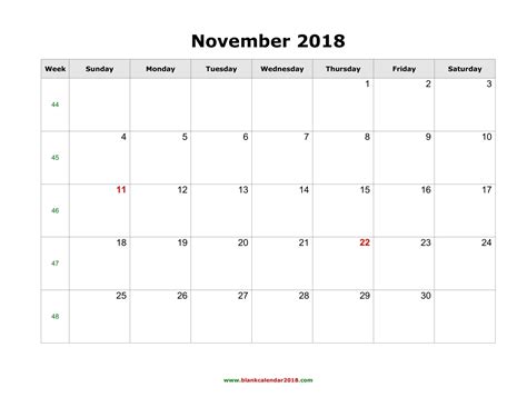 Blank Calendar November 2018 Landscape
