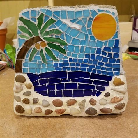 Beach Scene Mosaic On Garden Stone Jdevore Creations Mosaic Tile Art