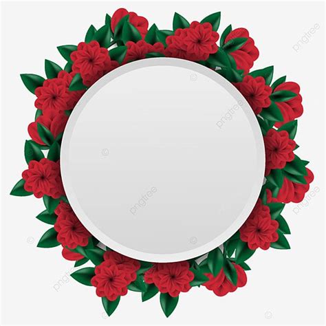 A Round White Plate With Red Flowers Around It Surrounded By Green