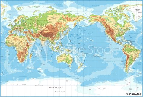 World Map Pacific View Physical Topographic Vector Detailed