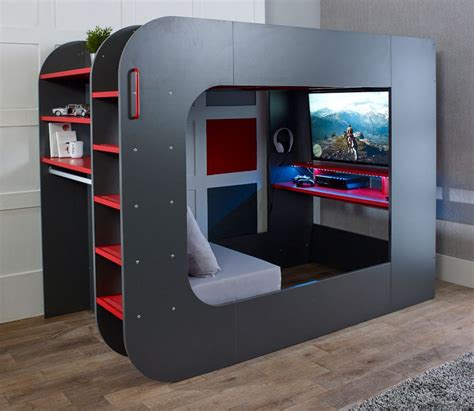 Podbed Grey And Red Gaming High Sleeper With Grey Sofa Eu Small